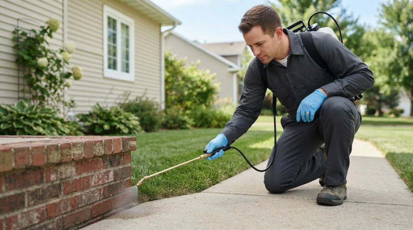 Pest control technician treating a home near Chambersburg, IL