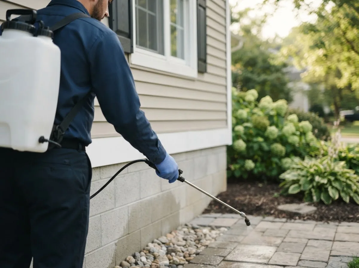 Pest control technician inspecting a home in Chambersburg, IL